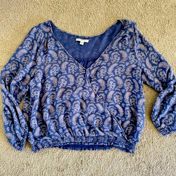 American Eagle Outfitters Paisley Wrap Smocked Long Sleeve Crop Blouse SZ L - Picture 2 of 10